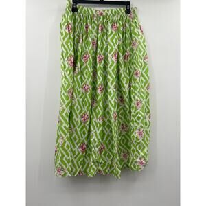 Charter Club Green Floral Midi Skirt M 100% Cotton Elastic Waist Cottagecore